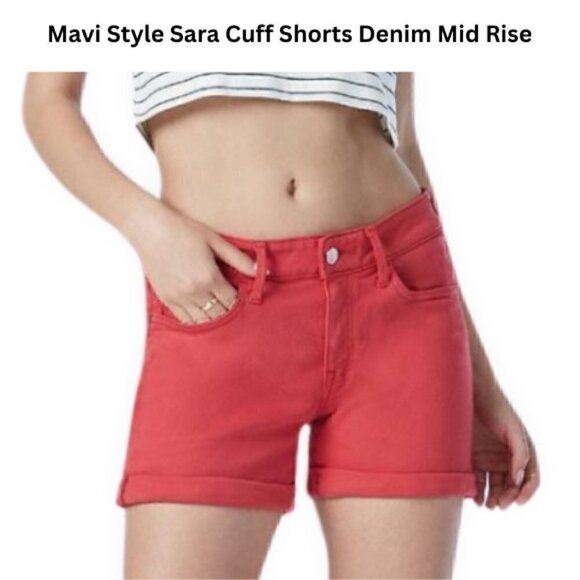 Mavi Sara Cuff Denim Shorts Red Mid Rise Waist Size 28 NWT - Picture 1 of 9